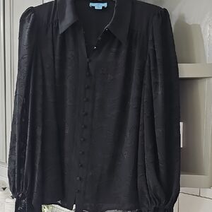 CeCe Black Textured Button-Up Blouse